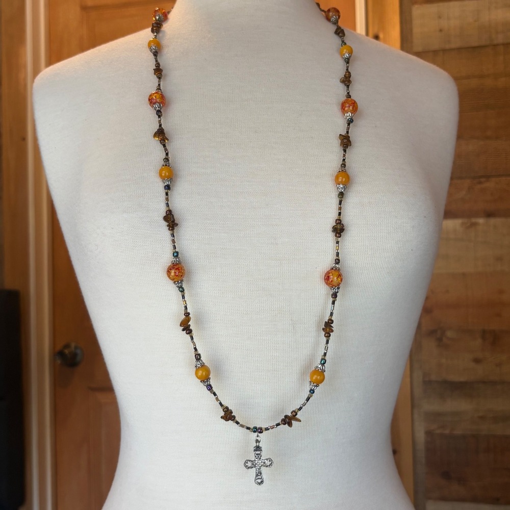 Calypso Studios Phoenix Red Sundance‎ Art Glass Rosary Cross Necklace
